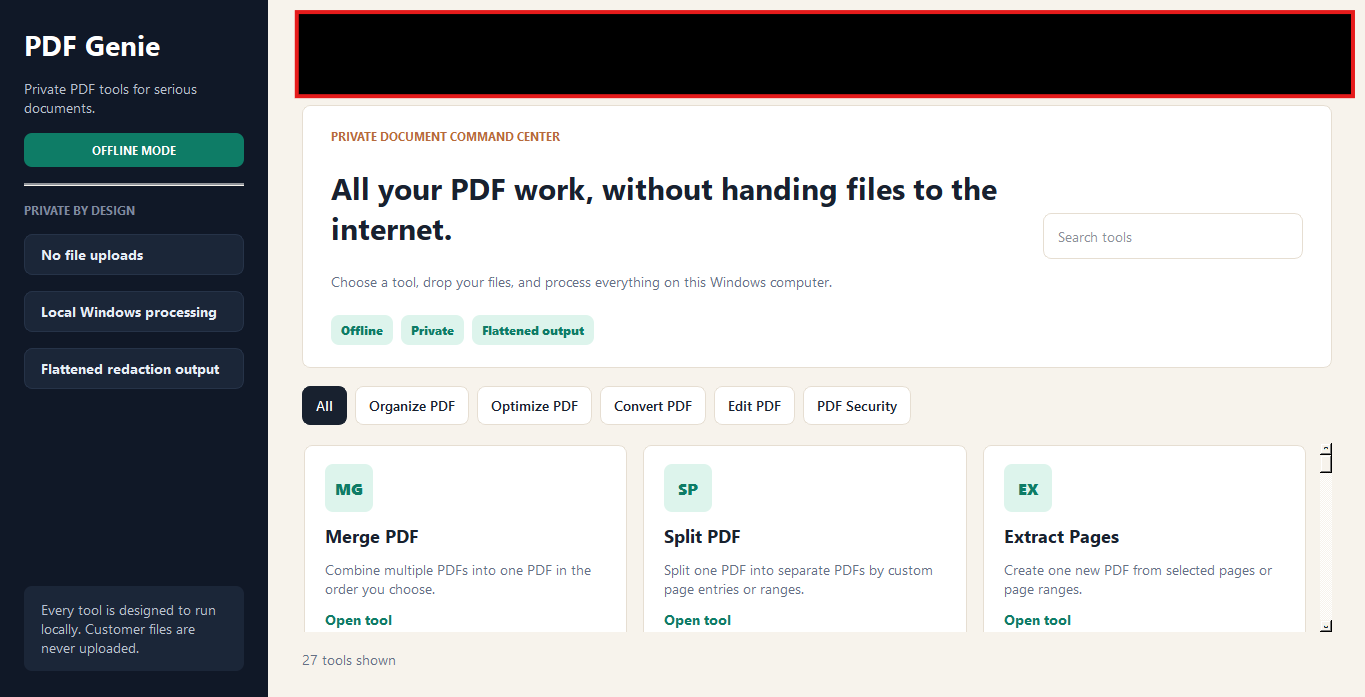 PDF Genie desktop application showing private document command center on Windows